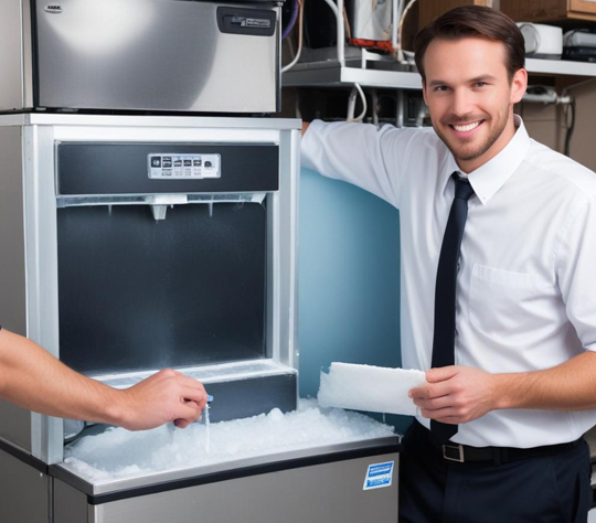 A skilled technician from Upper Appliance expertly repairs an ice machine, ensuring it functions efficiently for consistent ice production. Professional Ice Machine Fixer