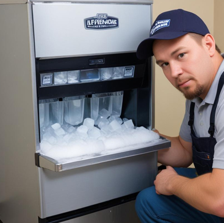 Skilled ice machine technician repairing an ice maker in a commercial kitchen, ensuring optimal performance and reliability. Professional Ice Machine Technician