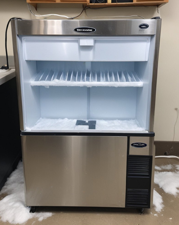 A technician performing repairs on a commercial ice machine, focusing on restoring full functionality and efficiency for business operations. Expert Commercial Ice Machine Repairs