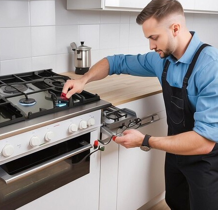 A skilled professional stove technician meticulously repairing a gas stove, ensuring optimal performance and safety for your kitchen appliance. Professional Stove Technician at Work