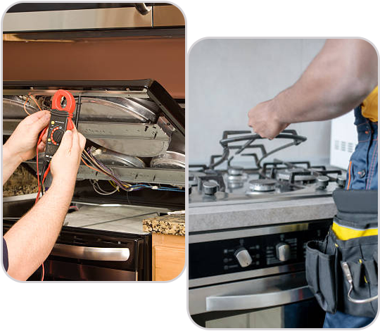 A team of qualified stove experts repairing a kitchen stove, showcasing their expertise and professional approach to appliance repair. Qualified Stove Experts
