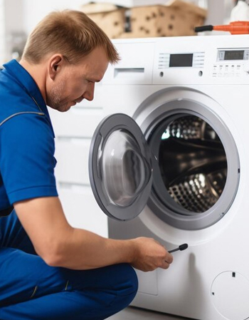 Skilled technicians inspecting washing machines for professional repair services. Skilled Washer Technicians
